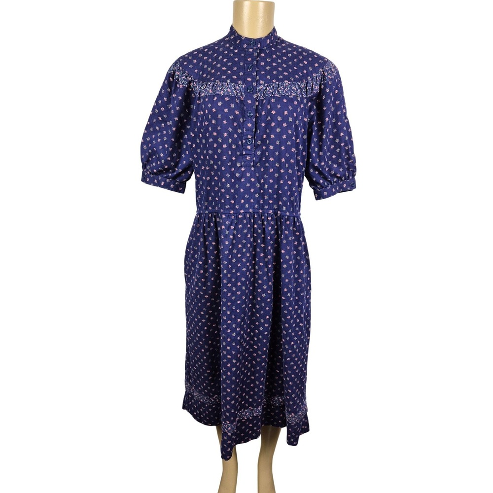 Vintage Lanz Originals Floral Prairie Dress Purple Midi Puff Sleeve Pockets